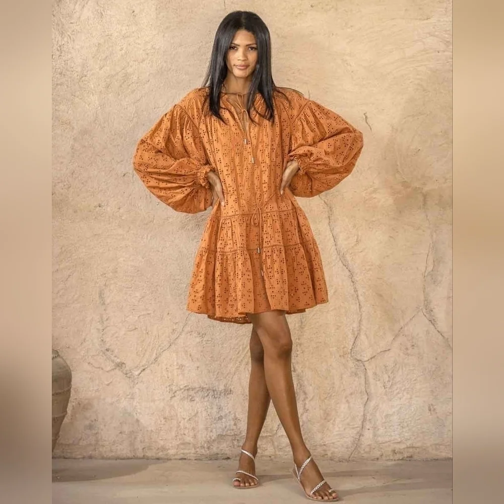 Scarlett Poppies Burnt Orange Miranda Eyelet Lace Long Sleeve Mini Dress